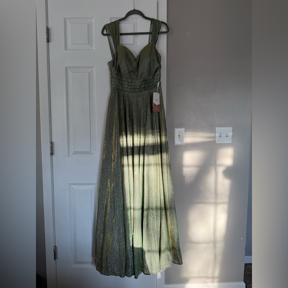 NWT Olive Green and Gold Shift Sparkle Off the Shoulder Gown